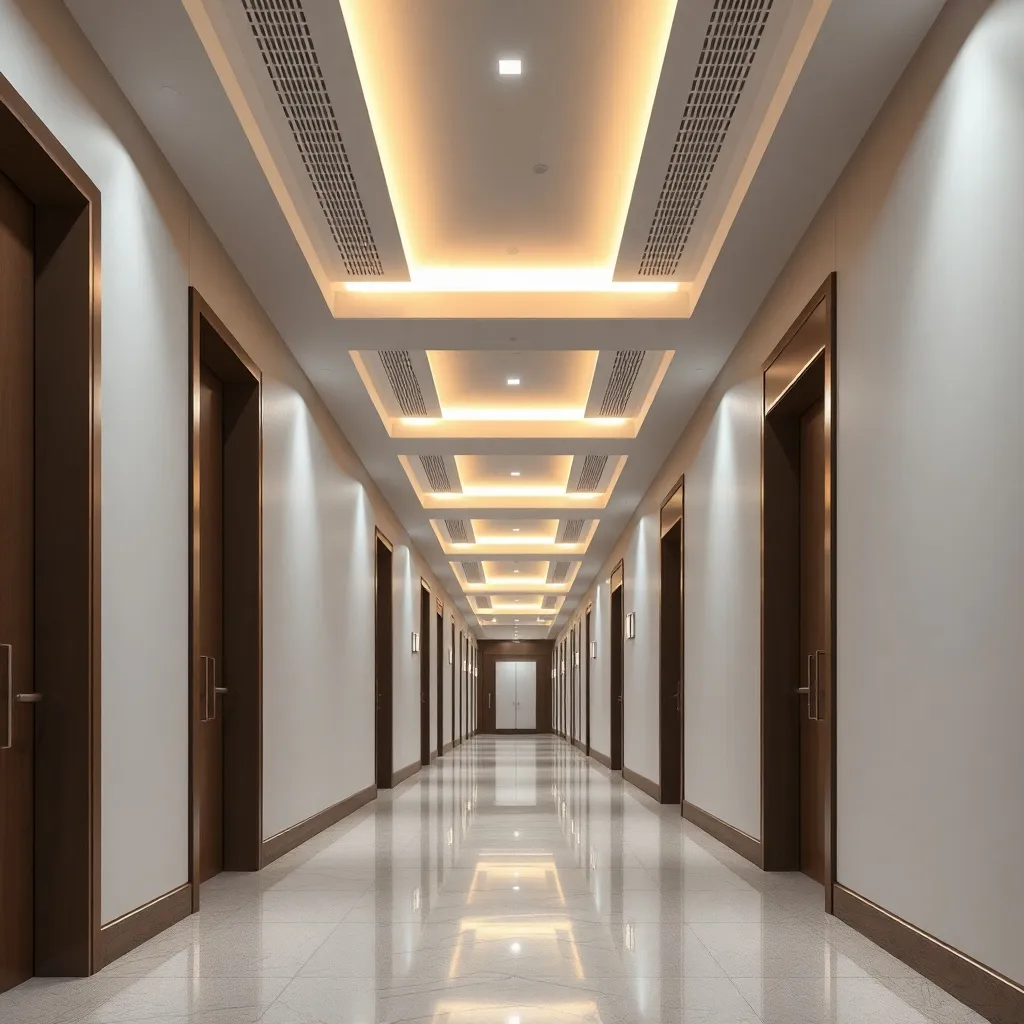 Modern apartment building hallway with clean lines, minimali