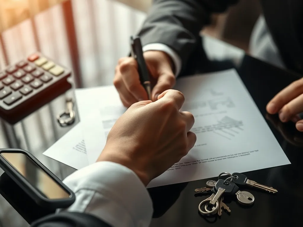 Close up of a hand signing a legal document on a black table