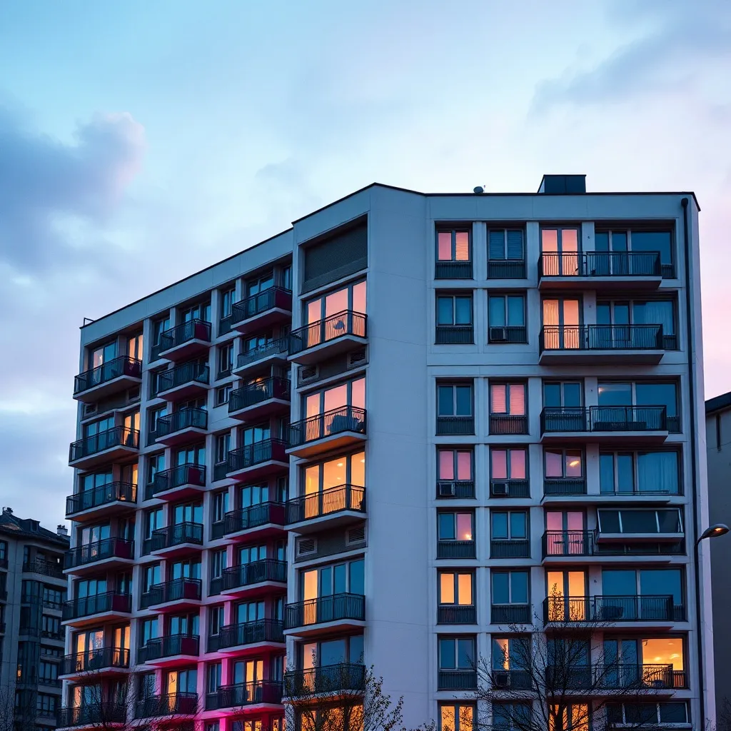 Modern apartment building exterior in Hungary at dusk, sharp